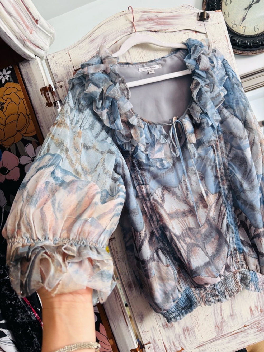 Sheer Ruffle-Neck Blouse in Pastel Blue & Pink